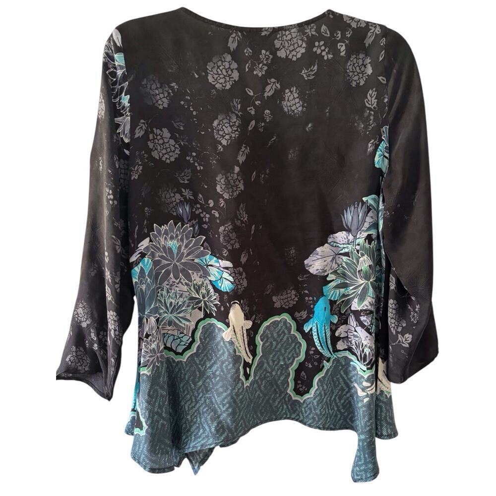 Citron Women's XL Shirt Top Teal Blue Black Flowers Tunic Boho Earthy Flowers - Picture 8 of 8